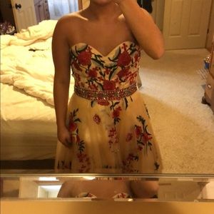 Beautiful long strapless yellow and red ball gown